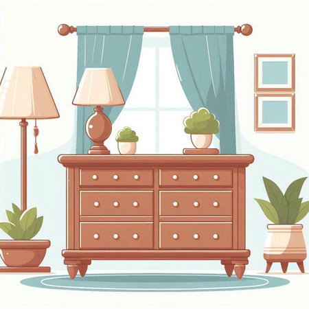 Illustration of a living room interior with a nightstand and a table lampのイラスト素材