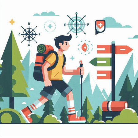 Hiker man with a backpack and trekking poles. Vector illustrationのイラスト素材