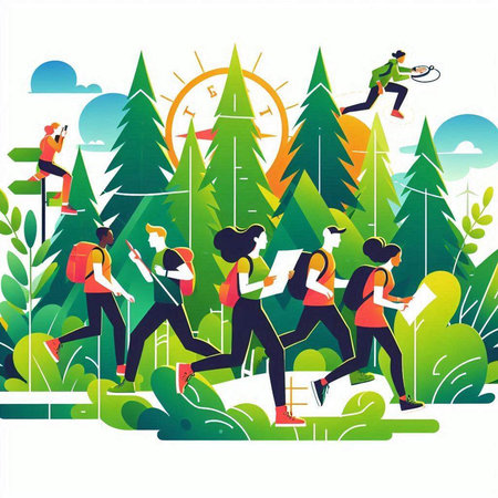 People running in the forest. Flat style vector illustration. Healthy lifestyle concept.のイラスト素材