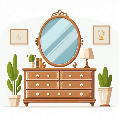 Vector illustration of a wooden chest of drawers with a mirror in a flat styleのイラスト素材