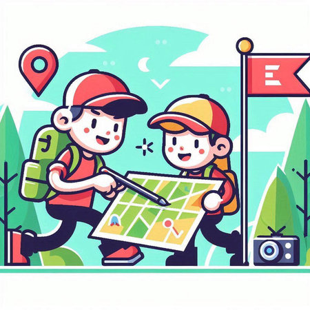 Boy and girl looking at the map in the park. Vector illustrationのイラスト素材