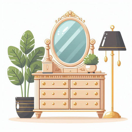 Vintage wooden chest of drawers with mirror. Vector illustration.のイラスト素材