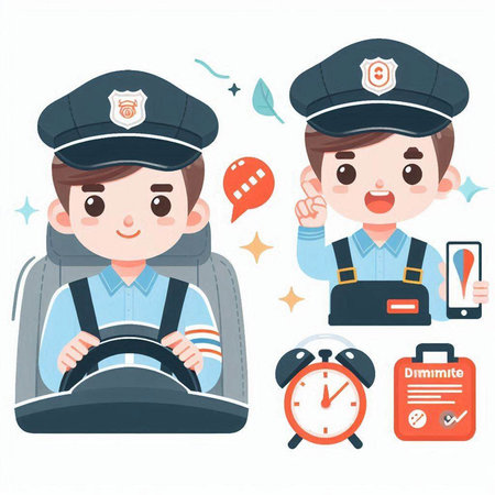 Vector illustration of a policeman and a boy driving a car with an alarm clock.のイラスト素材