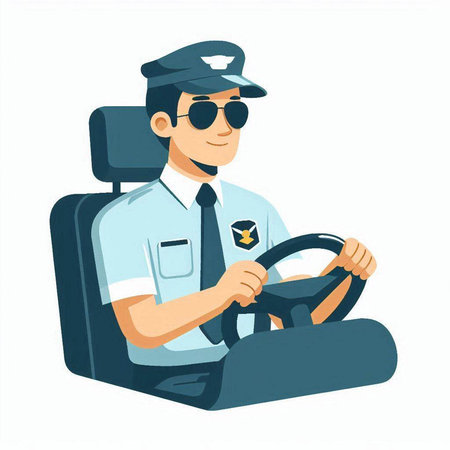 Policeman driving a car. Vector illustration in cartoon style.のイラスト素材