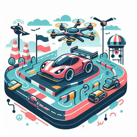 Drone quadcopter flying on the road. Vector illustration.のイラスト素材