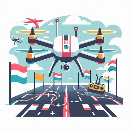 Drone flying over the runway. Vector illustration in flat style.のイラスト素材