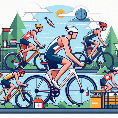 Cyclists on the road in the city. Vector illustration.のイラスト素材