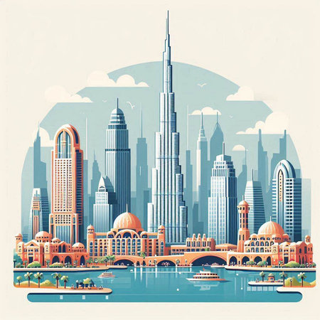 Dubai skyline with skyscrapers. Vector illustration in vintage style.のイラスト素材