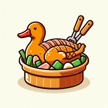 Illustration of a duck in a basket with chopsticks and sushiのイラスト素材