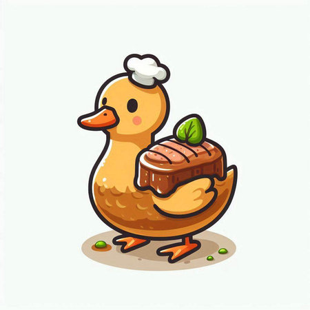 Illustration of a cute duck with a piece of meat on its headのイラスト素材