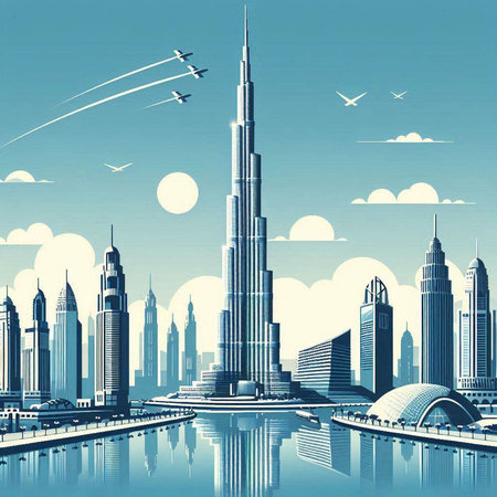 Dubai skyline with skyscrapers and buildings. Vector illustration.のイラスト素材