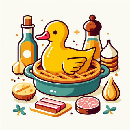 Illustration of a yellow rubber duck in a frying pan with ingredients for cookingのイラスト素材