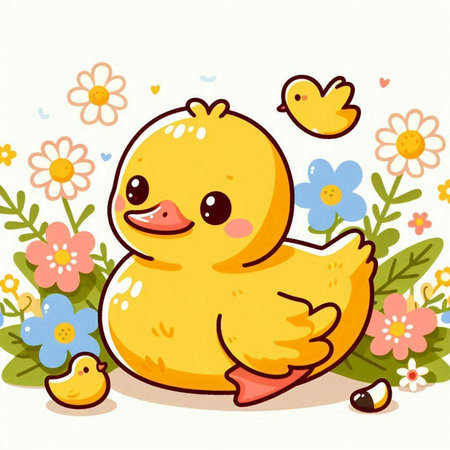 Illustration of a Cute Baby Duck Sitting in a Field of Flowersのイラスト素材