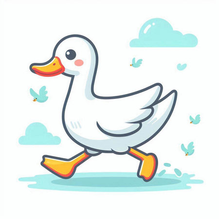 Vector cartoon illustration of cute duck running in the sky. Isolated on white background.のイラスト素材