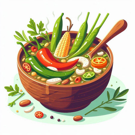 Vegetable soup in a wooden bowl with a spoon. Vector illustration.のイラスト素材