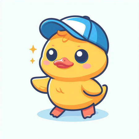 Cute little yellow chicken in baseball cap. Cartoon vector illustration.のイラスト素材