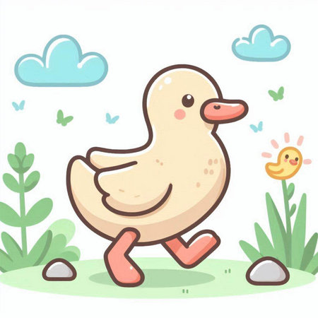Illustration of a Cute Little Duck Running in the Grass - Vectorのイラスト素材