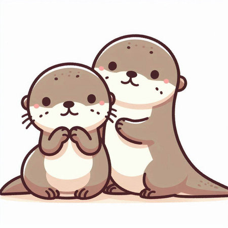 Two cute otters on white background. Vector illustration in cartoon style.のイラスト素材