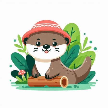 Cute otter in hat and scarf sitting on log. Vector illustration.のイラスト素材