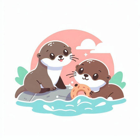 Cute couple of otters on the beach. Vector illustration.のイラスト素材