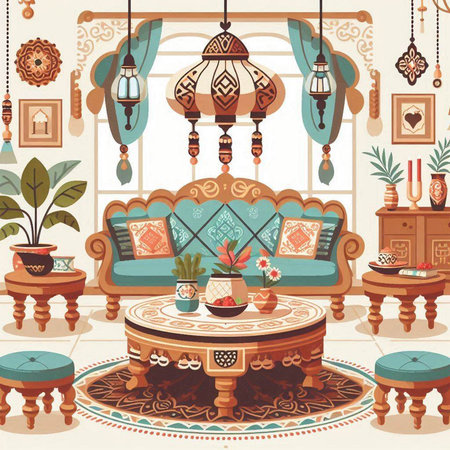 Interior of the living room with furniture. Vector illustration in retro style.のイラスト素材