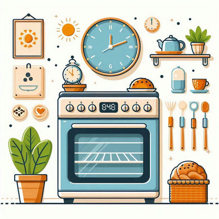 Kitchen utensils and household appliances. Vector illustration in flat styleのイラスト素材