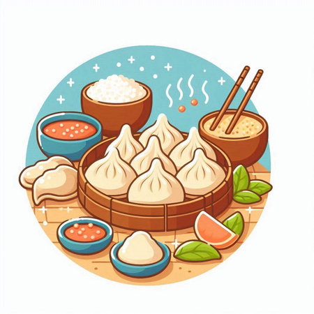 Vector illustration of dumplings in bamboo steamer with sauce and chopsticksのイラスト素材