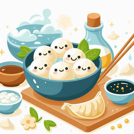 Illustration of Cute Cartoon Dumplings Served on a Bowlのイラスト素材