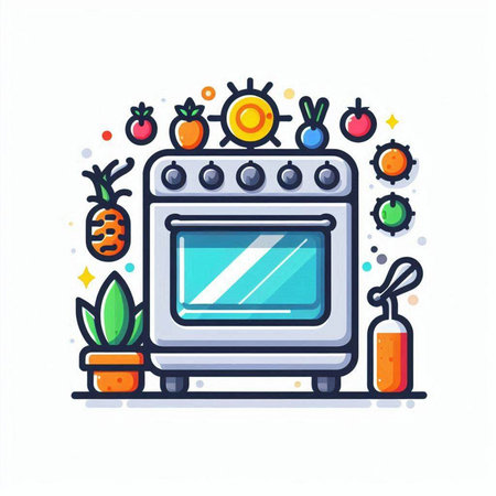 Kitchen stove with fruits and vegetables. Flat line vector illustration.のイラスト素材