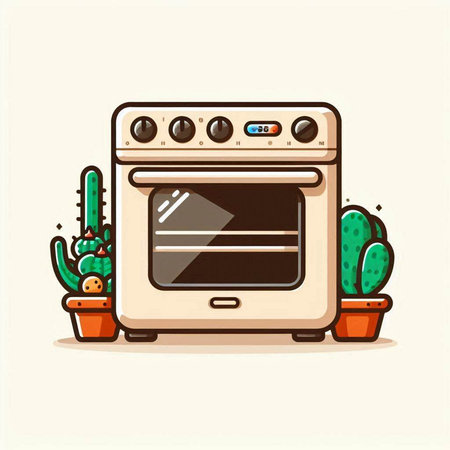 Illustration of a modern electric oven with cacti in potsのイラスト素材