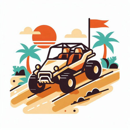 Off-road vehicle on the beach. Vector illustration in flat styleのイラスト素材