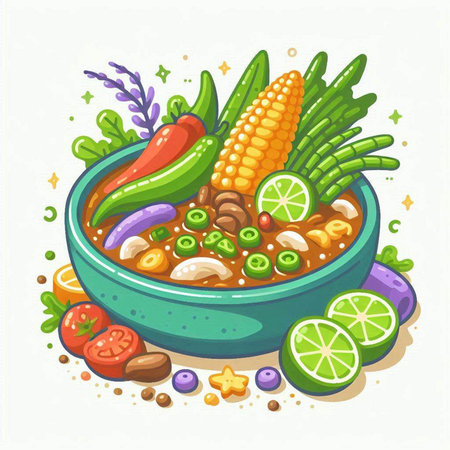 Illustration of a bowl of vegetable soup with corn, lemons, tomatoes, peppers and herbs.のイラスト素材