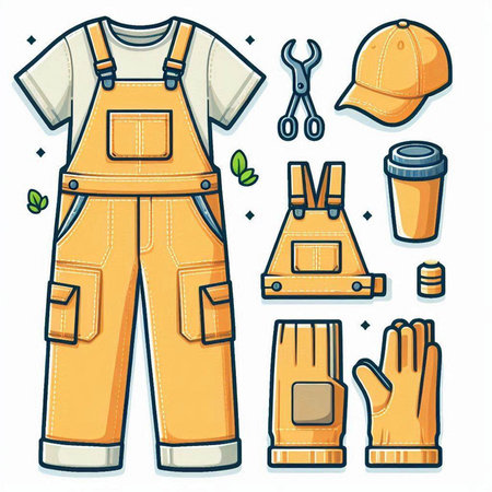 Vector illustration of overalls and work tools in doodle styleのイラスト素材