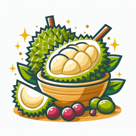 Vector illustration of Durian fruit in wooden bowl isolated on white background.のイラスト素材