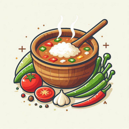 Illustration of a bowl of spicy soup with vegetables and spices.のイラスト素材