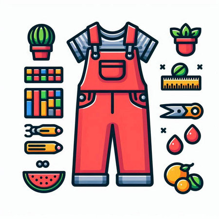 Vector illustration of work overalls with different icons in line style.のイラスト素材