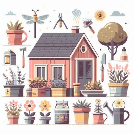 Garden tools and house plants. Vector illustration in cartoon style.のイラスト素材