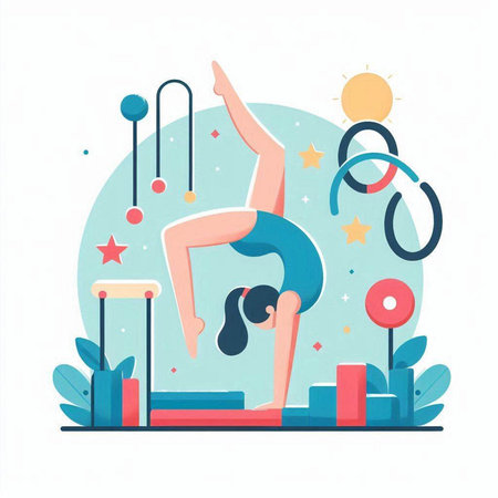 Vector illustration of a girl doing gymnastics in the gym. Flat design.のイラスト素材