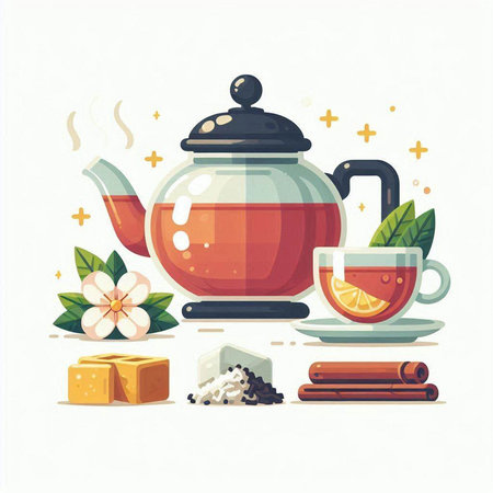 Vector illustration of teapot, cup of tea, honey and spices.のイラスト素材