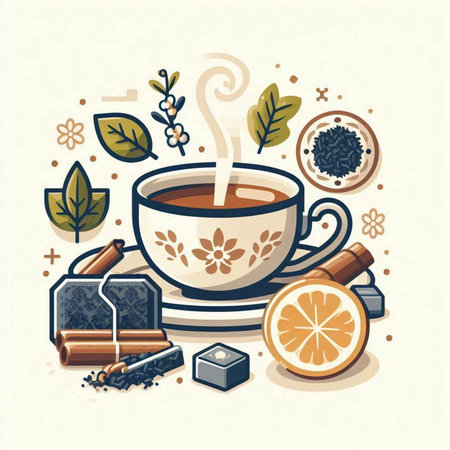 Cup of tea with cinnamon, orange and leaves. Vector illustration.のイラスト素材