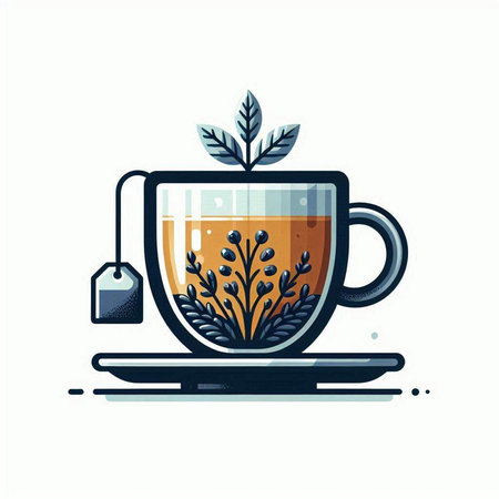 Cup of tea with teabag and leaves. Vector illustration.のイラスト素材