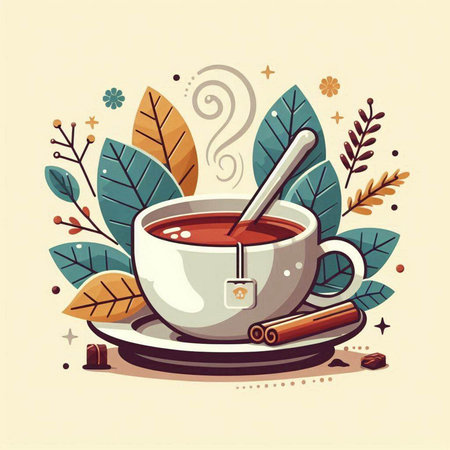 Cup of tea with cinnamon and leaves. Vector illustration in flat style.のイラスト素材