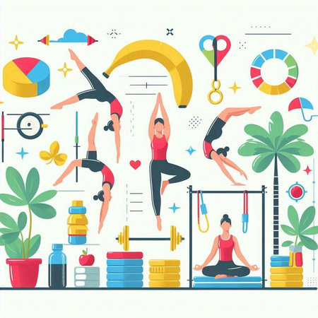 Vector illustration of healthy lifestyle. Woman doing yoga in the gym.のイラスト素材