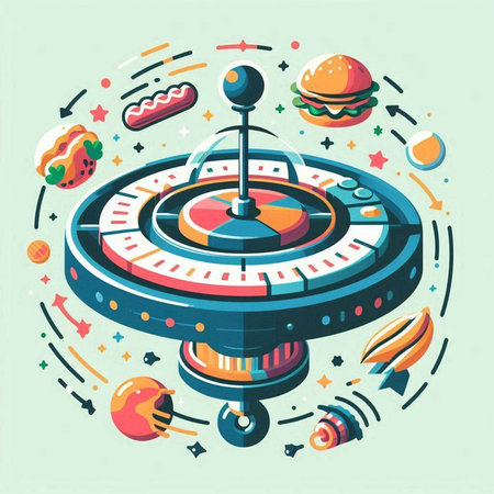 Colorful flat vector illustration of roulette wheel, slot machine and fast food.のイラスト素材
