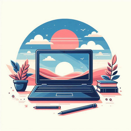 Laptop with sun and clouds on the screen. Vector illustration.のイラスト素材