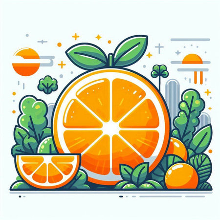 Vector illustration of orange fruit on white background. Line art design for web, site, advertising, banner, poster, board and print.のイラスト素材