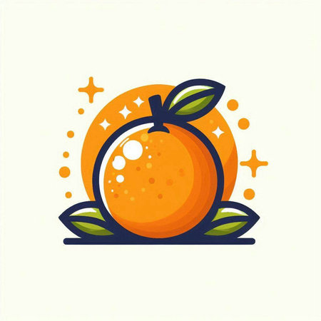 Orange fruit icon. Vector illustration of orange with leaves and stars.のイラスト素材
