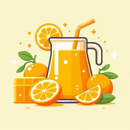 Orange juice in a glass with oranges and slices. Vector illustration.のイラスト素材
