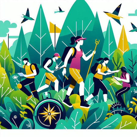 Hiking in the forest, vector illustration. Flat style design.のイラスト素材