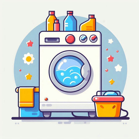 Washing machine with detergents. Vector illustration in flat styleのイラスト素材